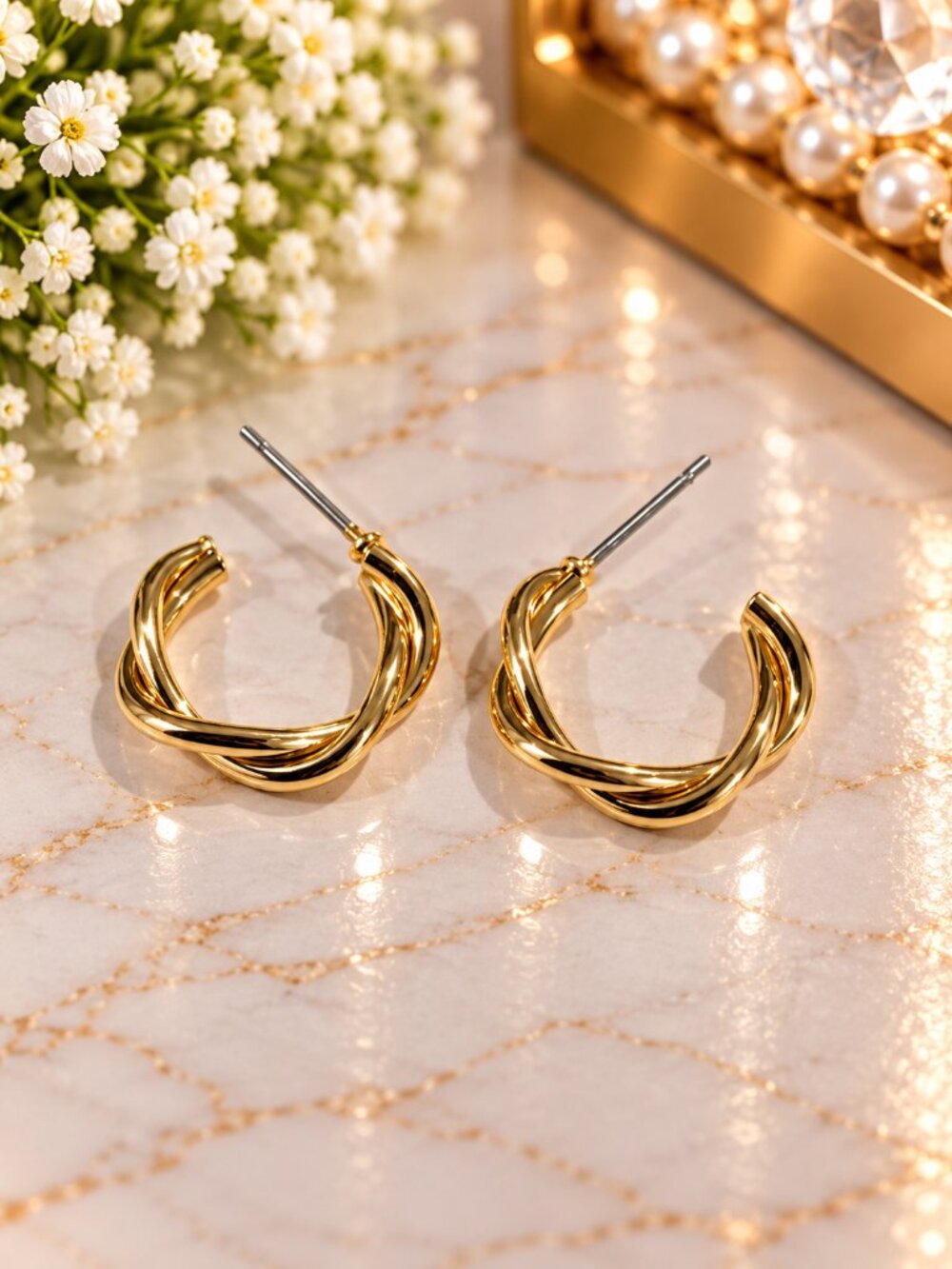 Gold Tone Twisted Hoop Earrings Intertwined Open C Hoops - Women Fashion Jewelry